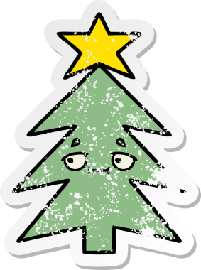 Bir insan tarafından çizilmiş şirin bir karikatür Noel ağacının sıkıntılı çıkartması.