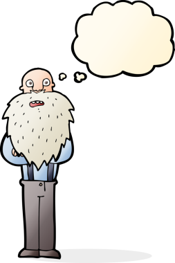 Karikatür sakallı yaşlı adam. Düşünce baloncuğu insan tarafından çizilmiş.