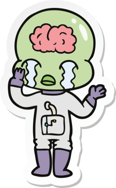 Bir çizgi film çıkartması. Bir insan tarafından çizilmiş büyük beyinli uzaylı ağlaması.