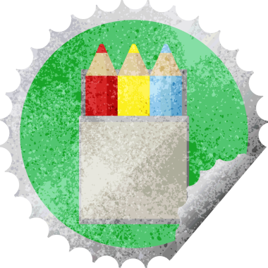 Bir insan tarafından çizilmiş renkli kalem paketi grafik vektör illüstrasyon yuvarlak etiket pulu