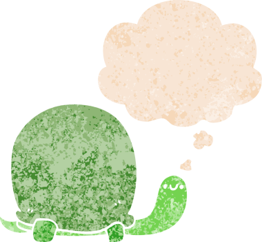 Homurdanan düşünce baloncuğu olan sevimli karikatür kaplumbağası bir insan tarafından çizilmiş tedirgin geçmiş dokuma tarzı.