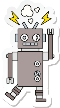 Bir insan tarafından çizilmiş arızalı sevimli bir robot karikatürü çıkartması.