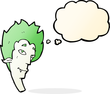 Bir insan tarafından çizilmiş düşünce balonlu vampir kafası.