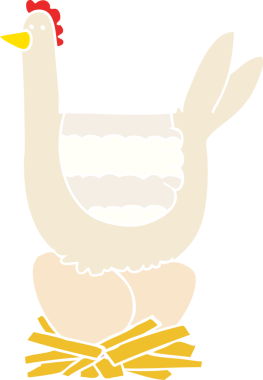 Düz renkli çizgi film tavuğu bir insan tarafından çizilmiş yumurtaların üzerinde oturuyor.