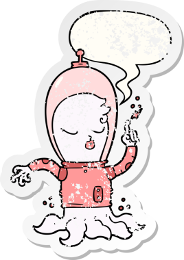 Konuşma baloncuğu olan sevimli bir uzaylı insan tarafından çizilmiş sıkıntılı eski bir çıkartma.