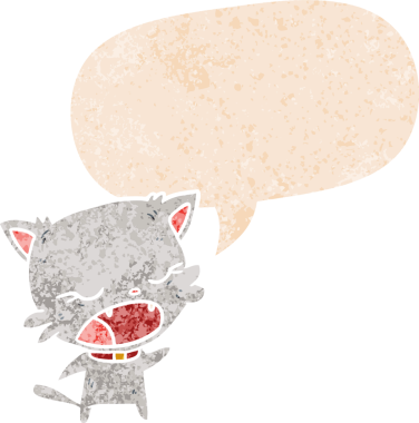 bir insan tarafından çizilmiş grunge sıkıntılı retro stili konuşma baloncuğu ile çizgi film kedisi konuşuyor