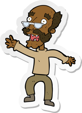 Çizgi film çıkartması. Bir insan tarafından çizilmiş korkmuş yaşlı bir adam.