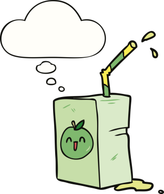 Bir insan tarafından çizilmiş düşünce baloncuklu meyve suyu kutusu.