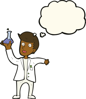 Bir insan tarafından çizilmiş düşünce baloncuğu olan mutlu bir bilim adamı.