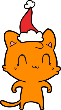 Bir insan tarafından çizilmiş mutlu bir kedinin çizilmiş Noel Baba şapkası.