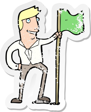 Bir insan tarafından çizilmiş bayrak taşıyan bir karikatürcünün sıkıntılı retro çıkartması.