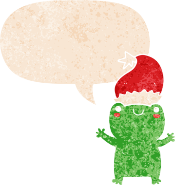 Hoş noel kurbağası grunge 'de konuşma baloncuğu olan sıkıntılı eski moda bir insan tarafından çizilmiş.