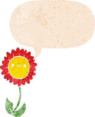 Bir insan tarafından çizilmiş grunge dertli retro biçimli konuşma baloncuklu karikatür çiçeği