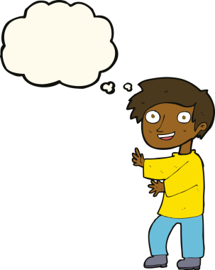 Bir insan tarafından çizilmiş düşünce baloncuğu olan heyecanlı çocuk.