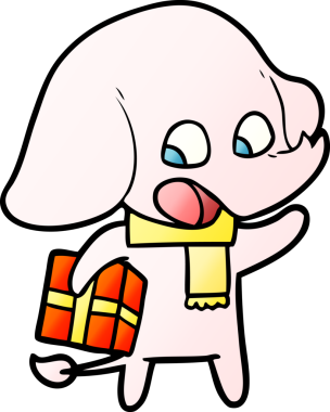 Bir insan tarafından çizilmiş noel hediyeli şirin bir fil.