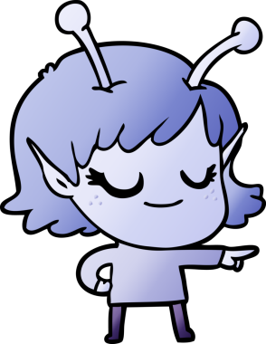 Bir insan tarafından çizilmiş gülümseyen uzaylı kız çizgi filmi.