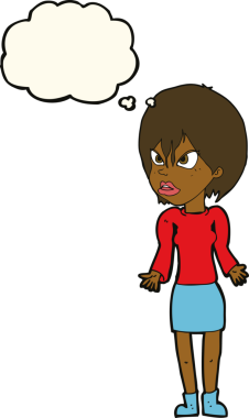 Bir insan tarafından çizilmiş düşünce baloncuğuyla rahatsız bir kadın.