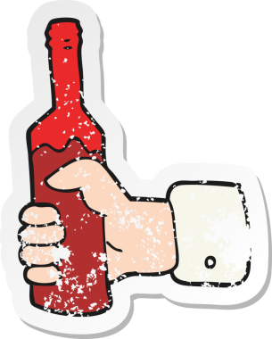 Bir insan tarafından çizilmiş şarap şişesini tutan bir karikatür el çıkartması.