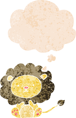 Düşünce baloncuklu çizgi film aslanı grunge sıkıntılı retro desen bir insan tarafından çizilmiş