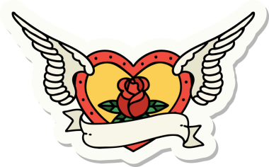 Geleneksel bir dövme stili. Uçan kalp. Çiçekler ve bir insan tarafından çizilmiş bayrak.