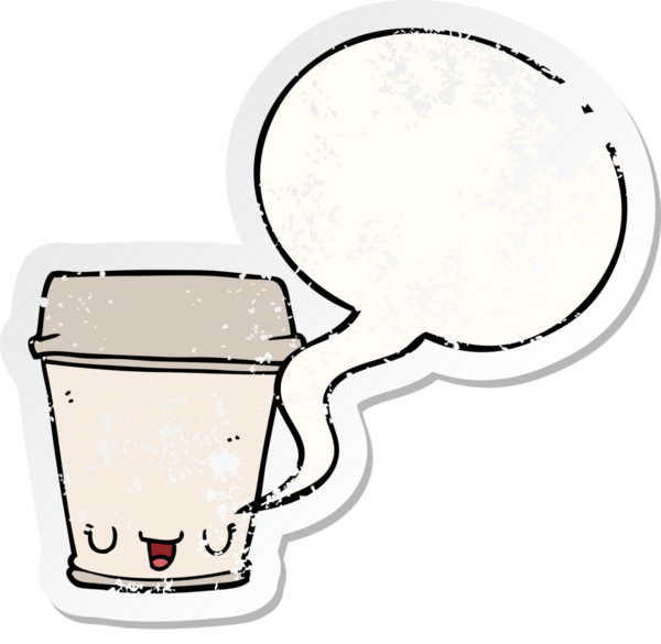 Konuşma balonlu çizgi film kahve fincanı bir insan tarafından çizilmiş sıkıntılı eski bir çıkartma