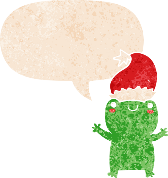 Hoş noel kurbağası grunge 'de konuşma baloncuğu olan sıkıntılı eski moda bir insan tarafından çizilmiş.