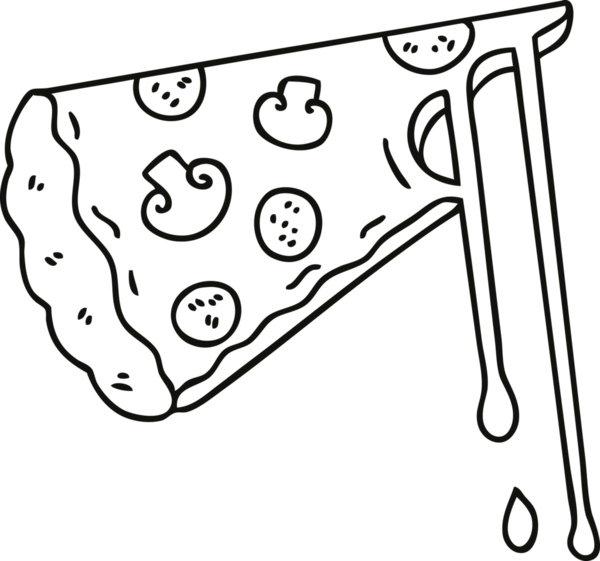 Bir insan tarafından çizilmiş tuhaf çizgi film peynirli pizza.