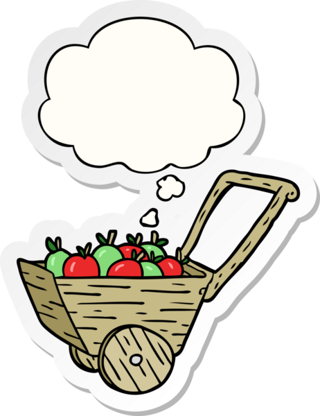 Düşünce baloncuğu insan tarafından çizilmiş bir çıkartma olan çizgi film elma arabası.