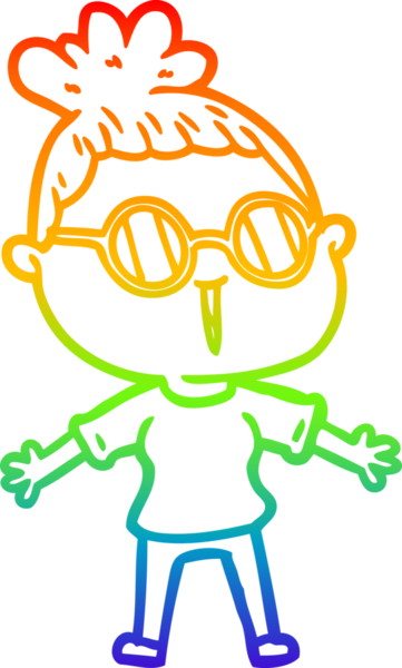 Bir insan tarafından çizilmiş gözlük takan bir karikatür kadının çizimi.