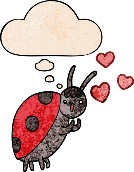 Bir insan tarafından çizilmiş grunge desenli düşünce baloncuğuna aşık sevimli çizgi film uğur böceği.