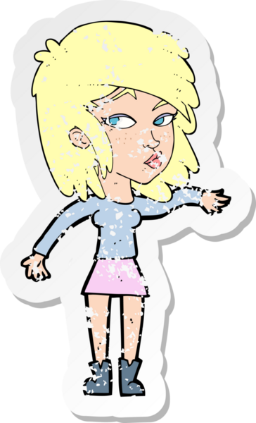 Bir insan tarafından çizilmiş soğukkanlı rolü yapan bir karikatür kadının gerilimli retro yapıştırması.