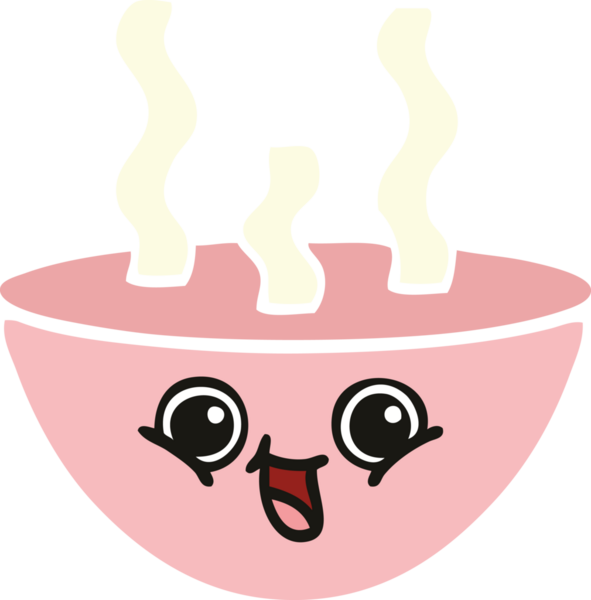 Bir insan tarafından çizilmiş sıcak çorba kasesinin düz renkli retro karikatürü