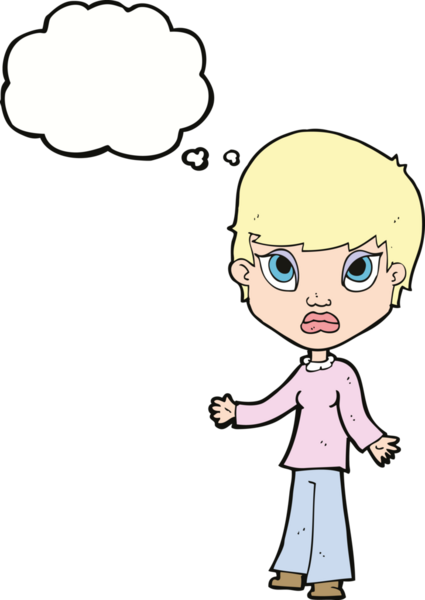 Bir insan tarafından çizilmiş düşünce baloncuğuyla omuz silken çizgi film kadını.