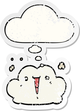 Düşünce baloncuğu olan sevimli çizgi film bulutu bir insan tarafından çizilmiş yıpranmış bir çıkartma gibi.