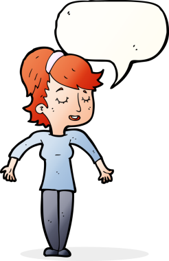 Bir insan tarafından çizilmiş konuşma baloncuğuyla omuz silken karikatür dostu kadın.