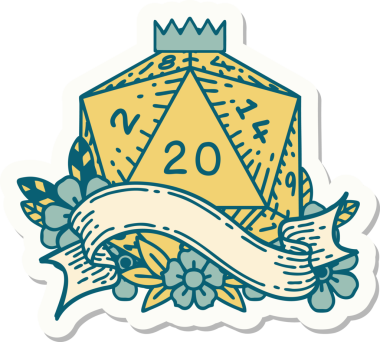 Bir insan tarafından çizilmiş 20 D20 zarının çıkartması.