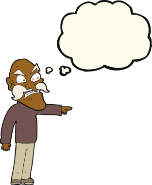 Bir insan tarafından çizilmiş düşünce baloncuğu olan öfkeli yaşlı bir adam.