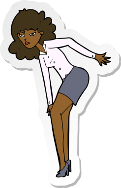 Çizgi film çıkartması. Bir insan tarafından çizilmiş dizini okşayan rahatsız bir kadın.