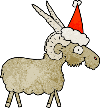 Bir insan tarafından çizilmiş Noel Baba şapkası giymiş bir keçinin el çizimi karikatürü.