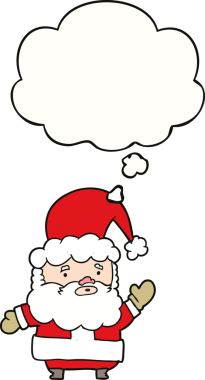 Bir insan tarafından çizilmiş düşünce baloncuklu Noel Baba çizgi filmi.