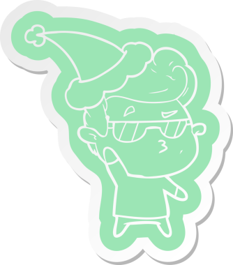 Bir insan tarafından çizilmiş Noel Baba şapkası giyen havalı bir adamın garip çizgi film çıkartması.