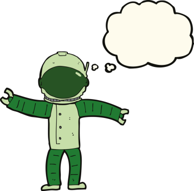 Bir insan tarafından çizilmiş düşünce baloncuklu astronot.