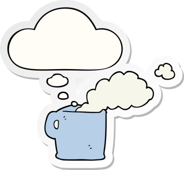 Düşünce baloncuklu sıcak kahve bir insan tarafından çizilmiş çıkartma.