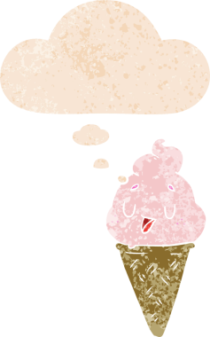 Düşünce baloncuklu tatlı çizgi film dondurması. Bir insan tarafından çizilmiş dertli retro tarzı.