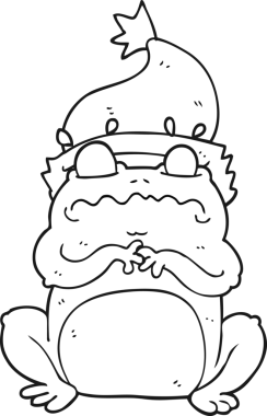 Bir insan tarafından çizilmiş Noel şapkasındaki siyah beyaz kurbağa çizimi.