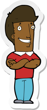 Bir insan tarafından çizilmiş kolları katlanmış, sırıtan bir çizgi film karakterinin çıkartması.