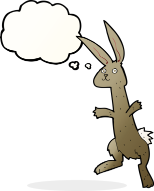 Bir insan tarafından çizilmiş düşünce kabarcığı olan çizgi film tavşanı.