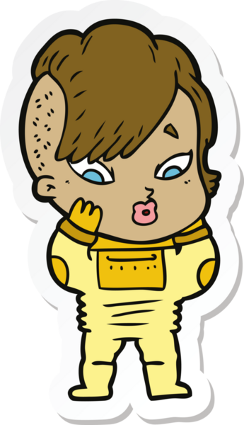 Bir insan tarafından çizilmiş bilim kurgu elbiseli bir kızı şaşırtan bir çizgi film çıkartması.