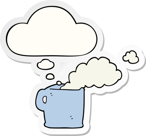 Düşünce baloncuklu sıcak kahve bir insan tarafından çizilmiş çıkartma.