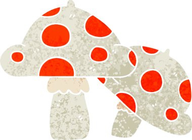 Retro illüstrasyon tarzı tuhaf çizgi film mantarları bir insan tarafından çizilmiş.